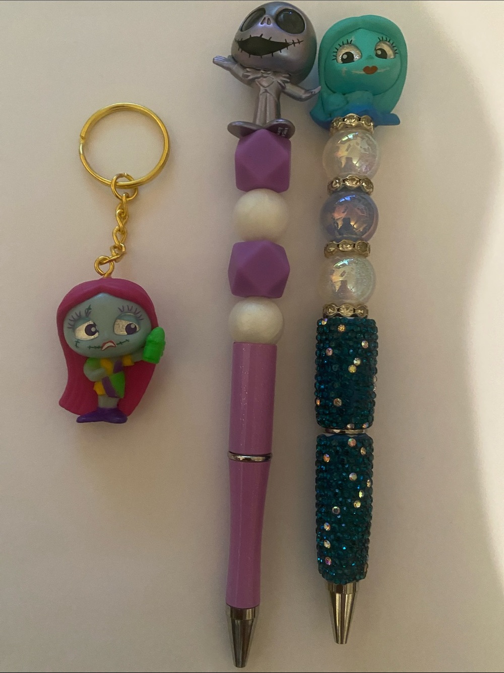 Jack Skellington and Sally Beaded Pens and Keychain Set - Teal, Purple, Pink